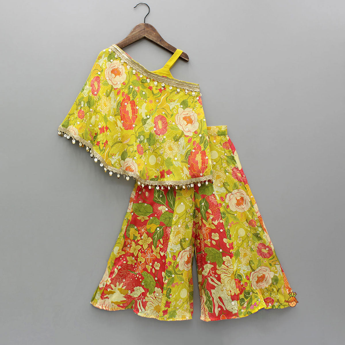 Pre Order: Yellow Strappy Top With Multicolour Printed Cape And Palazzo