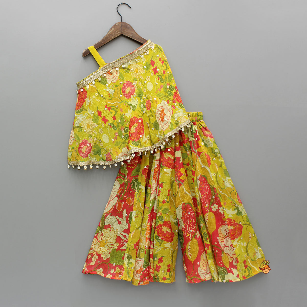 Pre Order: Yellow Strappy Top With Multicolour Printed Cape And Palazzo