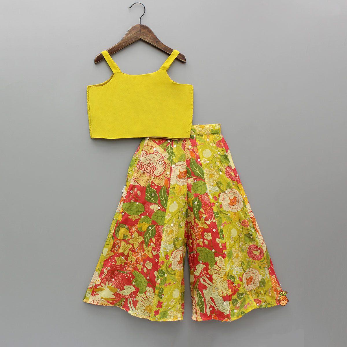 Pre Order: Yellow Strappy Top With Multicolour Printed Cape And Palazzo