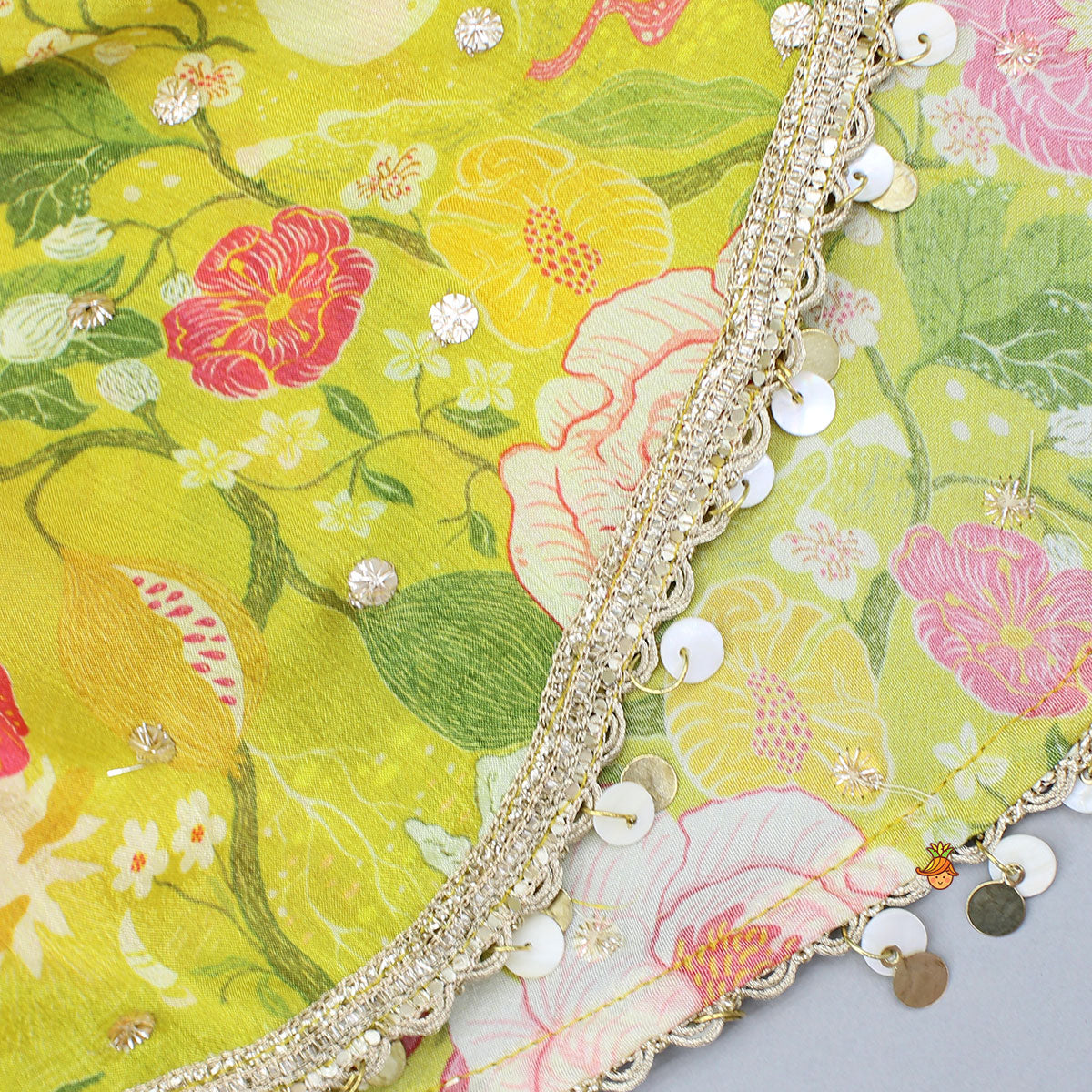 Pre Order: Yellow Strappy Top With Multicolour Printed Cape And Palazzo
