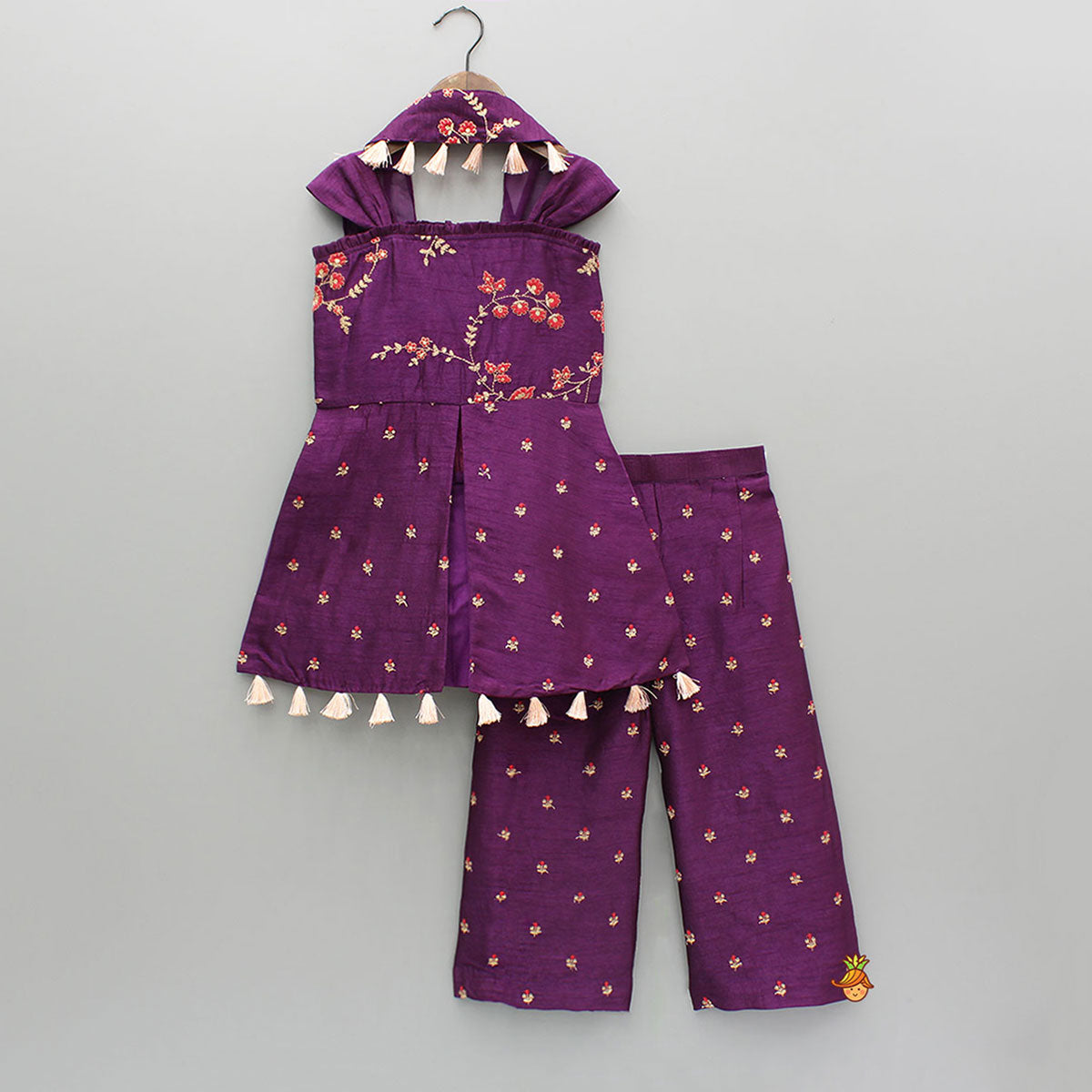 Pre Order: Purple Embroidered Kurti With Palazzo And Dupatta