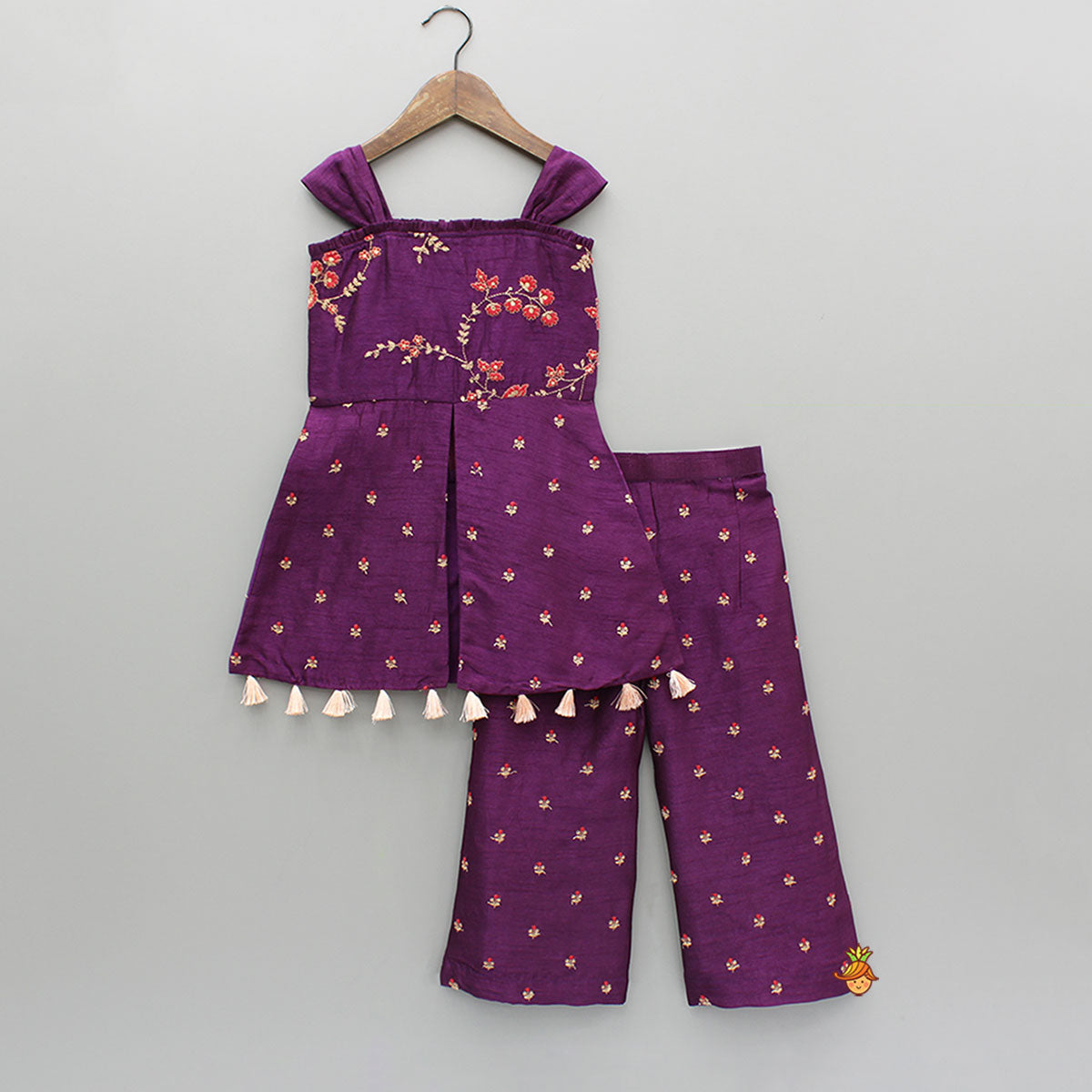 Pre Order: Purple Embroidered Kurti With Palazzo And Dupatta