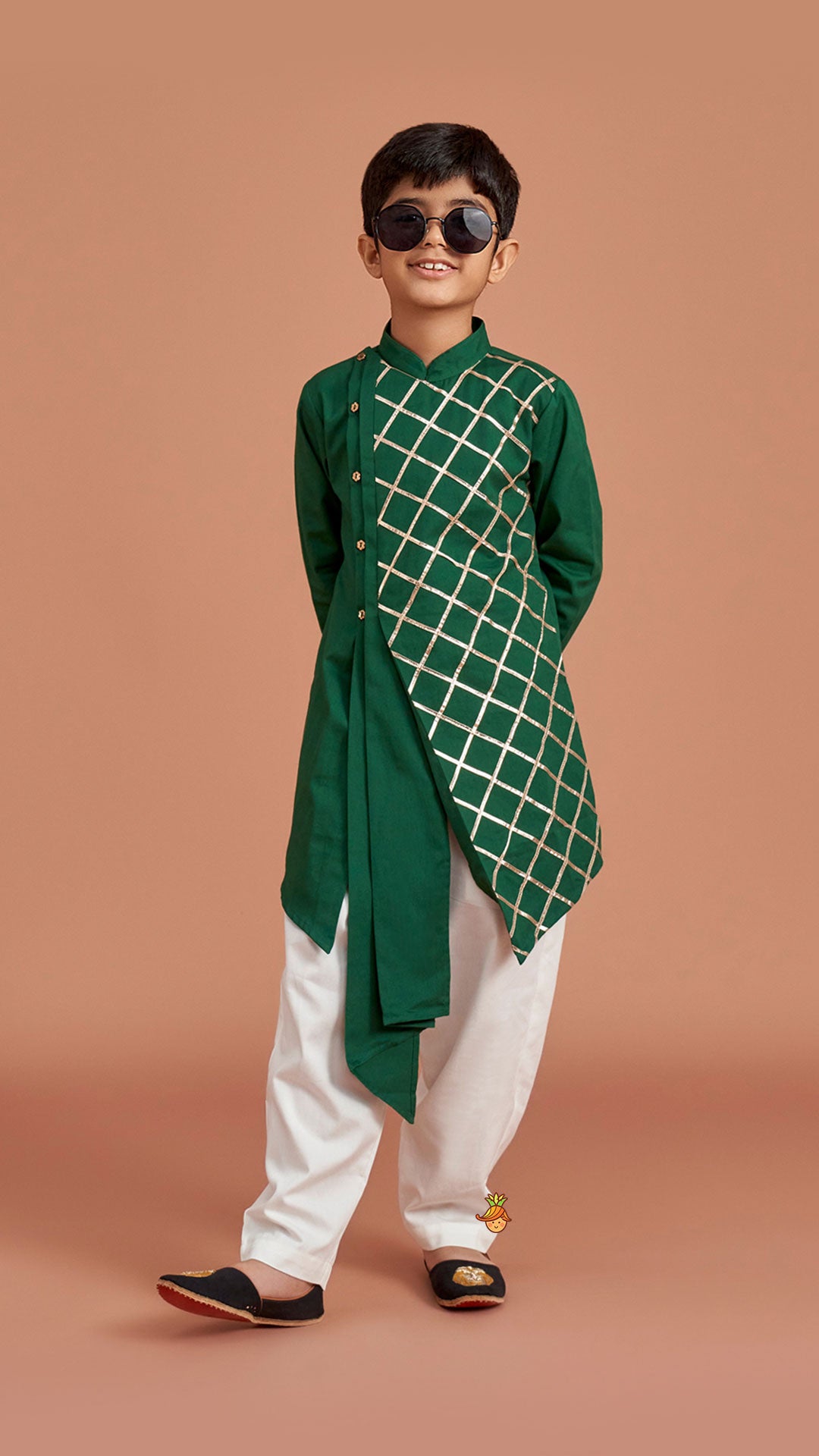 Pre Order: Green Pleated Asymmetric Stylish Kurta With Pant