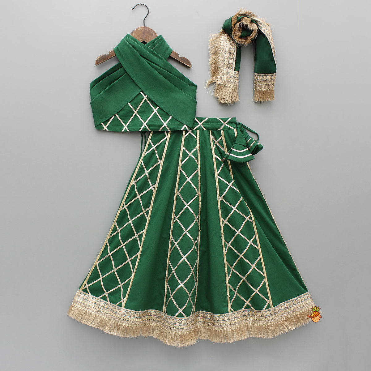 Pre Order: Green Stylish Overlap Halter Neck Gota Lace Detailed Top And Lehenga With Dupatta