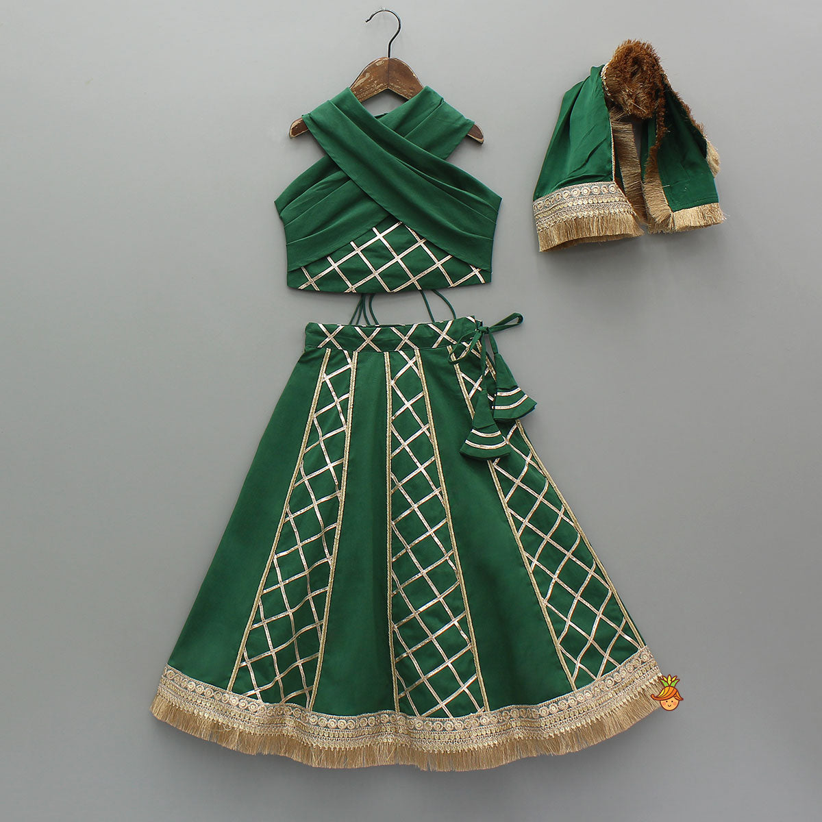 Pre Order: Green Stylish Overlap Halter Neck Gota Lace Detailed Top And Lehenga With Dupatta