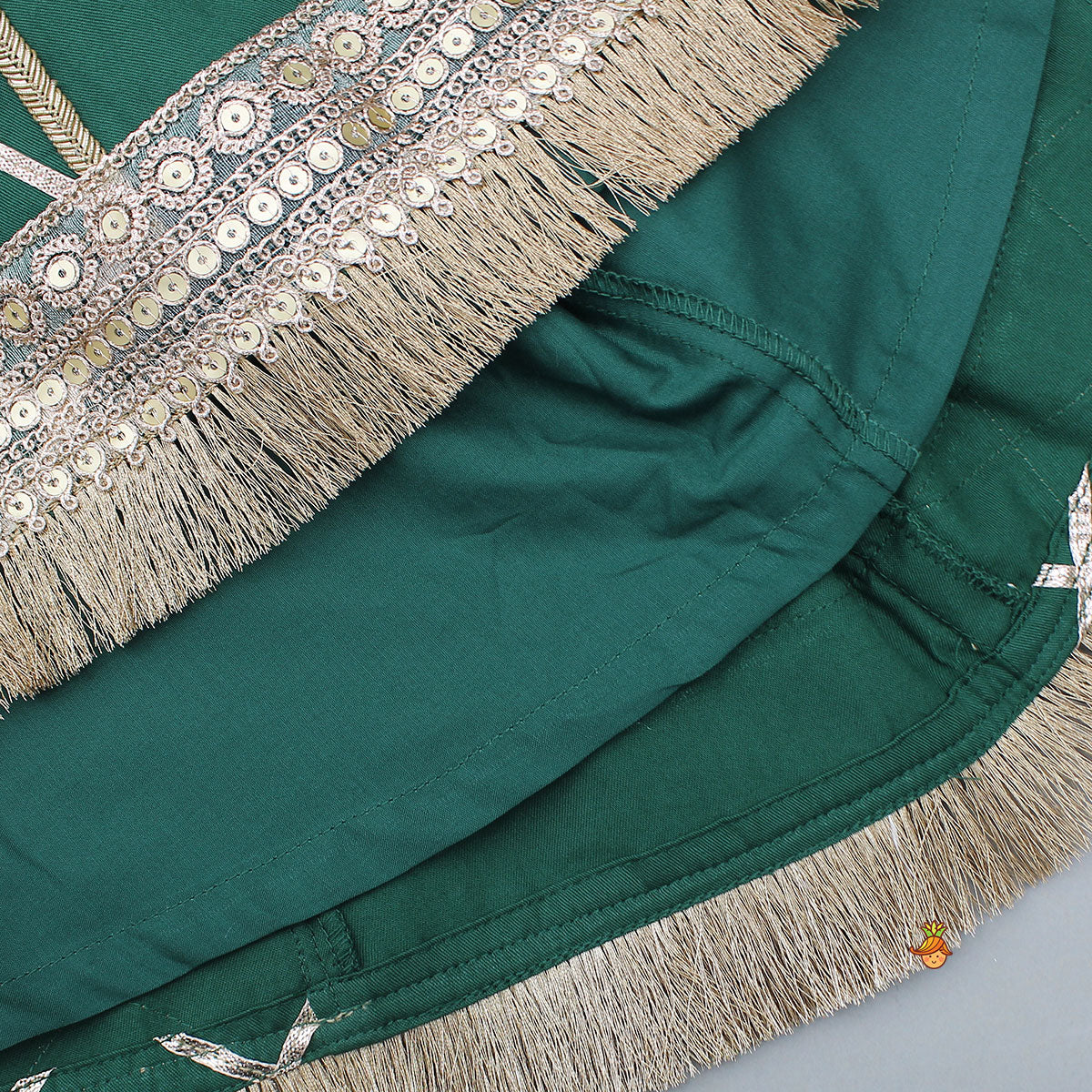 Pre Order: Green Stylish Overlap Halter Neck Gota Lace Detailed Top And Lehenga With Dupatta