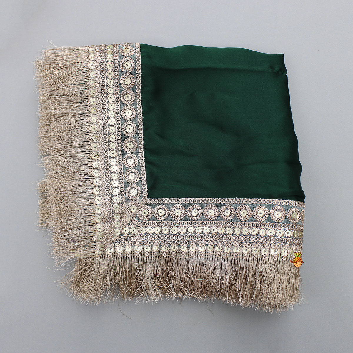 Pre Order: Green Stylish Overlap Halter Neck Gota Lace Detailed Top And Lehenga With Dupatta