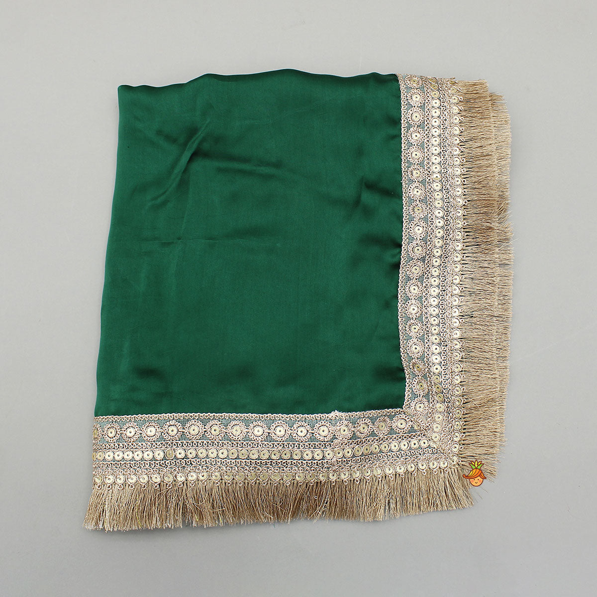 Pre Order: Green Stylish Overlap Halter Neck Gota Lace Detailed Top And Lehenga With Dupatta