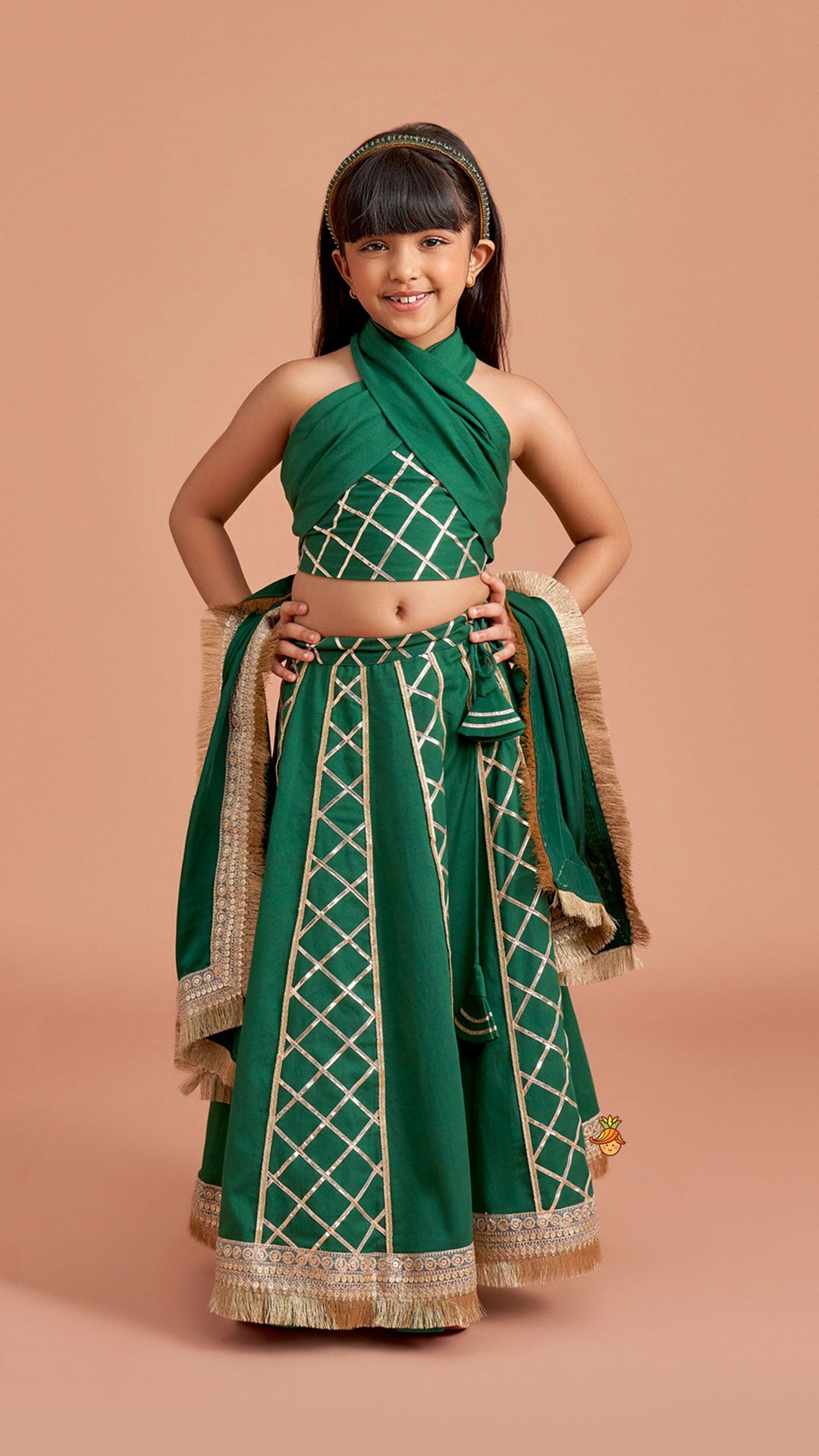 Pre Order: Green Stylish Overlap Halter Neck Gota Lace Detailed Top And Lehenga With Dupatta