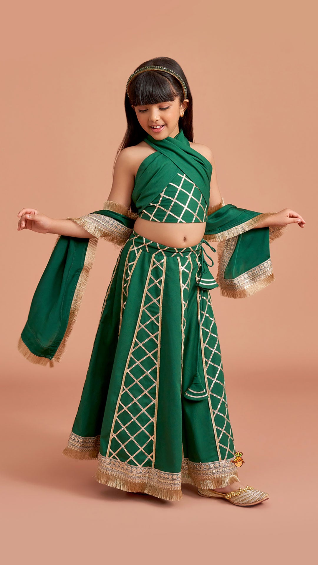 Pre Order: Green Stylish Overlap Halter Neck Gota Lace Detailed Top And Lehenga With Dupatta