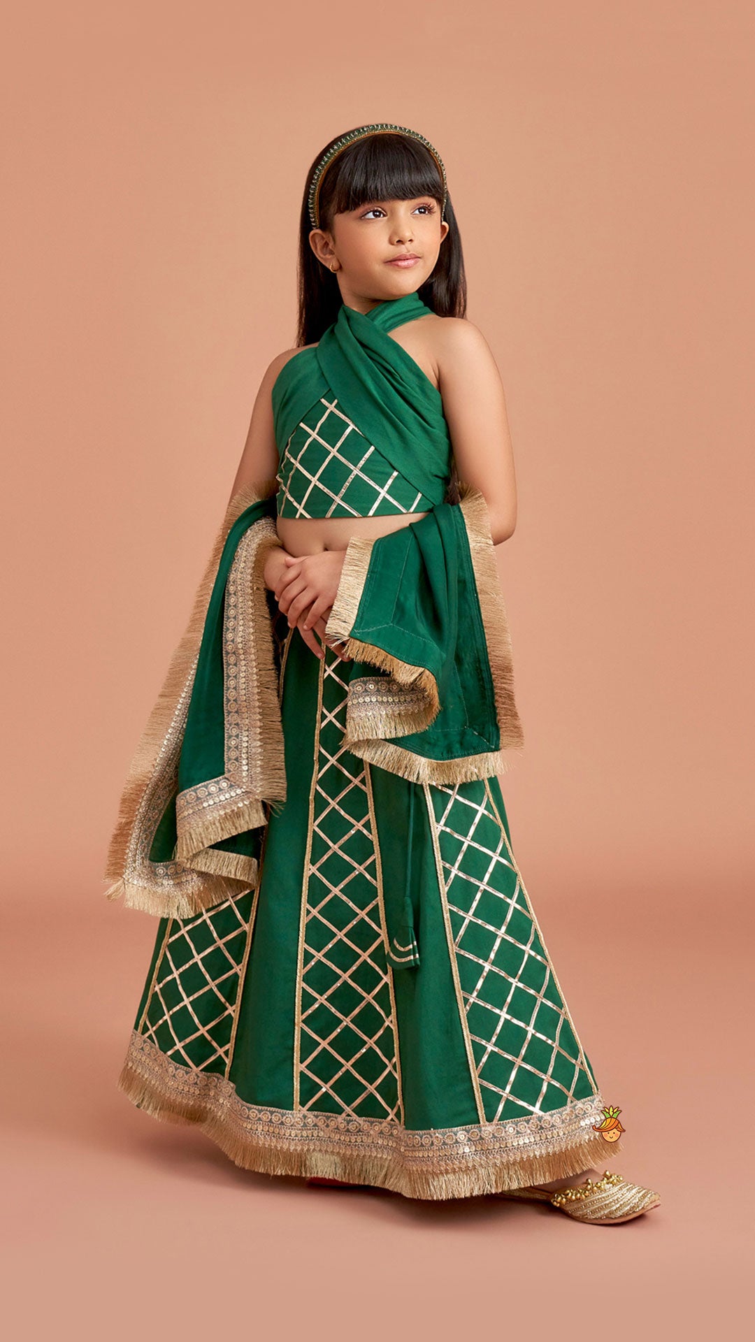Pre Order: Green Stylish Overlap Halter Neck Gota Lace Detailed Top And Lehenga With Dupatta
