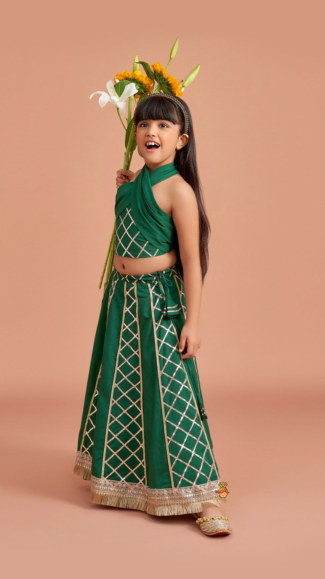 Pre Order: Green Stylish Overlap Halter Neck Gota Lace Detailed Top And Lehenga With Dupatta