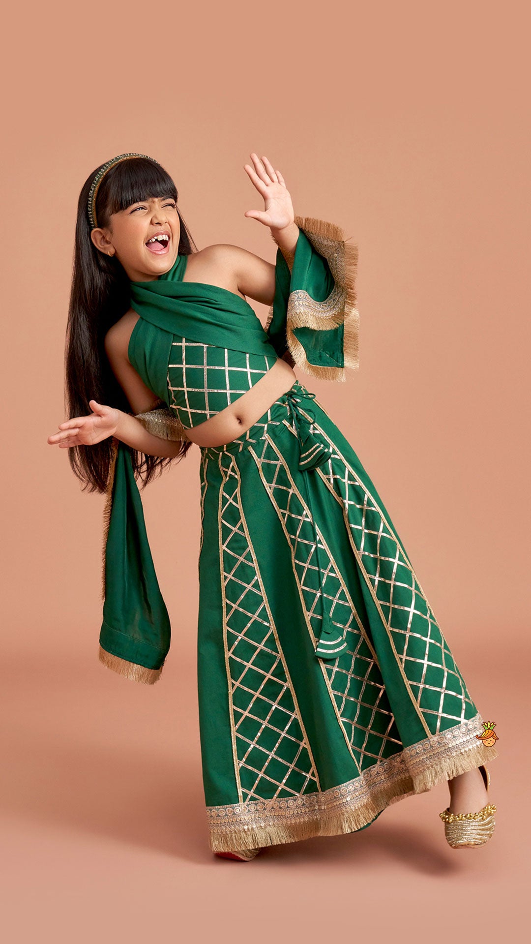 Pre Order: Green Stylish Overlap Halter Neck Gota Lace Detailed Top And Lehenga With Dupatta