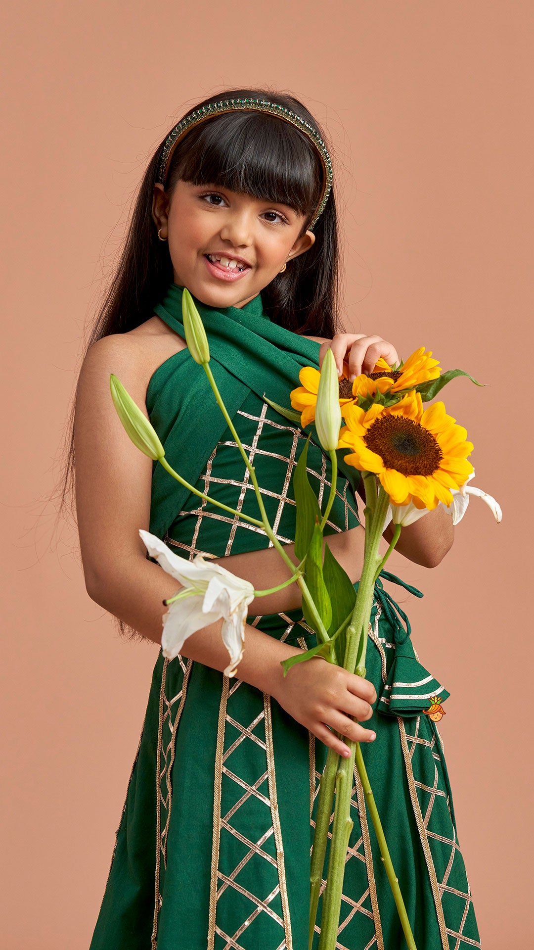 Pre Order: Green Stylish Overlap Halter Neck Gota Lace Detailed Top And Lehenga With Dupatta