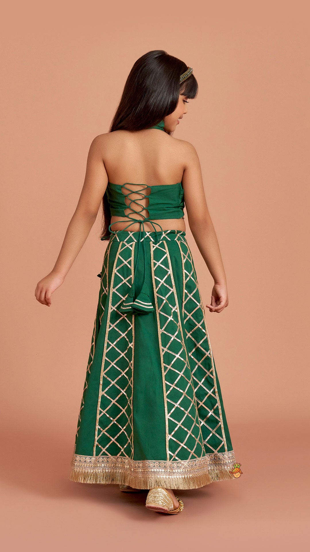 Pre Order: Green Stylish Overlap Halter Neck Gota Lace Detailed Top And Lehenga With Dupatta