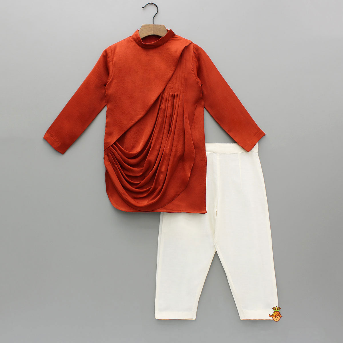 Pre Order: Rust Flap Kurta With Pleated Drape Detailing And Pant