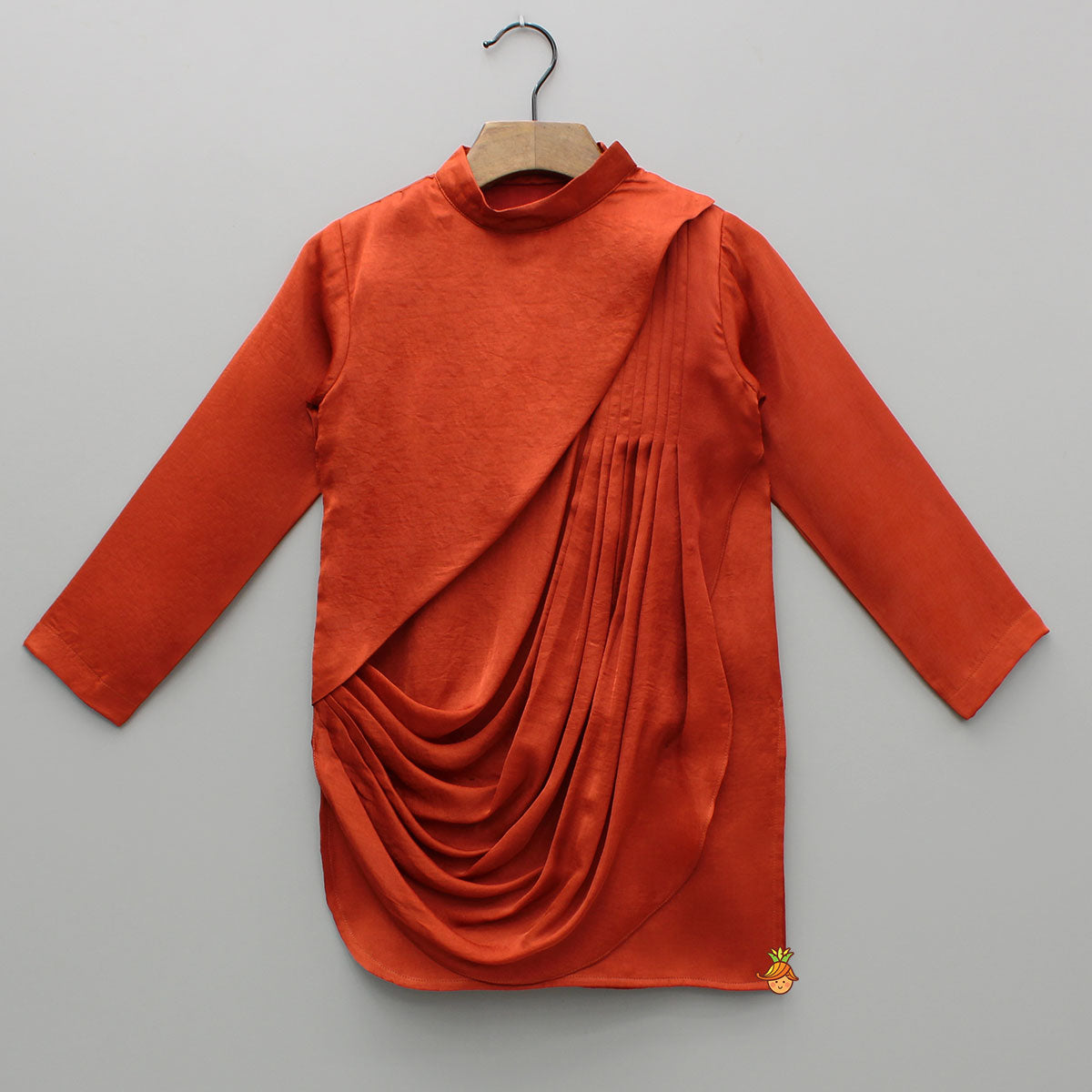 Pre Order: Rust Flap Kurta With Pleated Drape Detailing And Pant