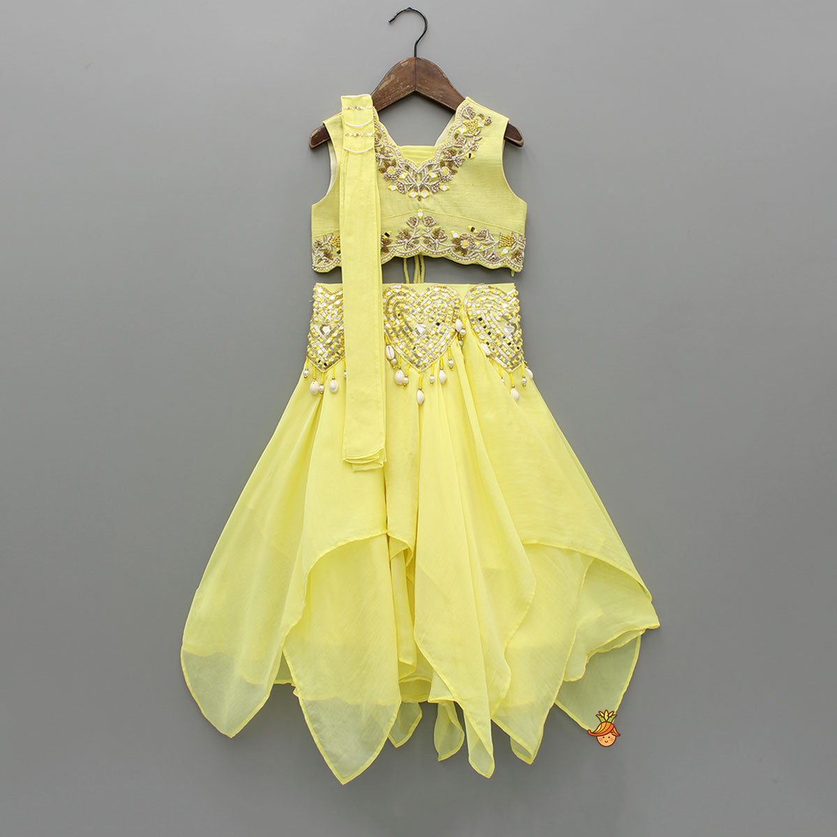 Pre Order: Yellow Embroidered Top And Stylish Layered Lehenga With Dupatta
