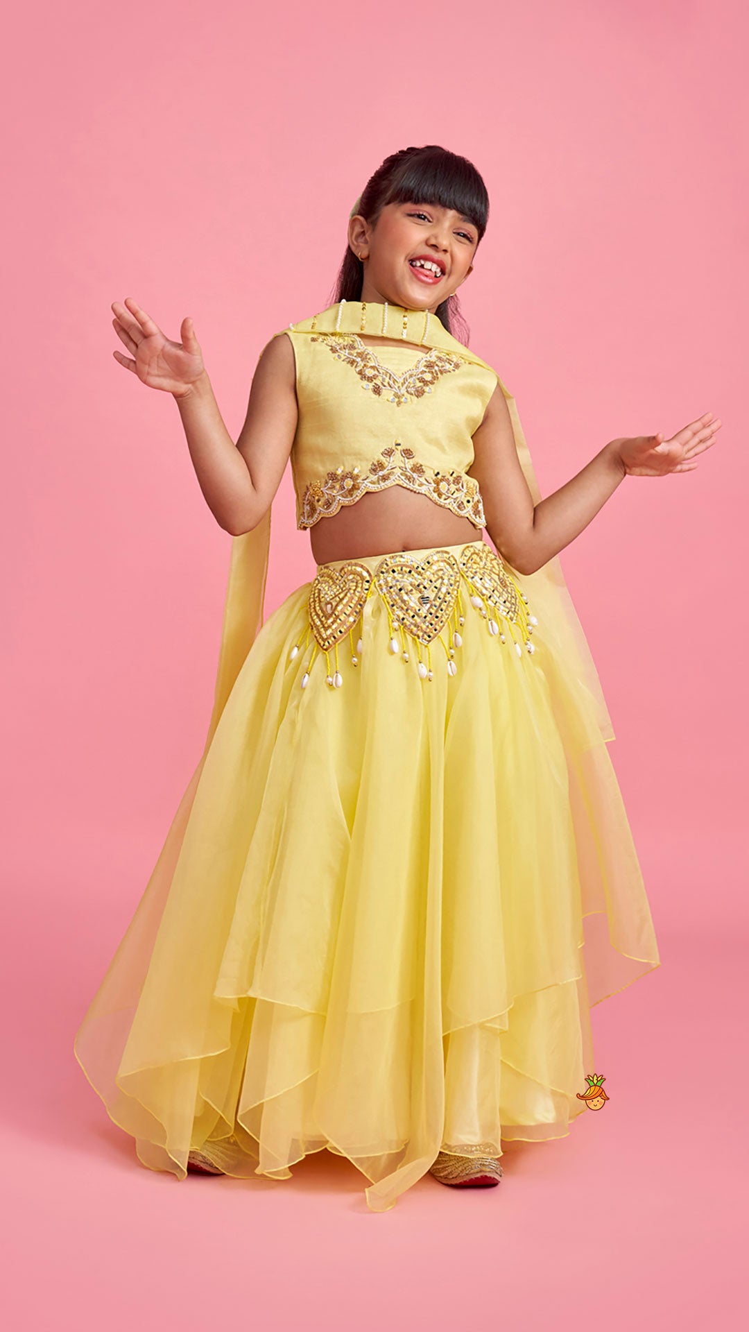 Pre Order: Yellow Embroidered Top And Stylish Layered Lehenga With Dupatta