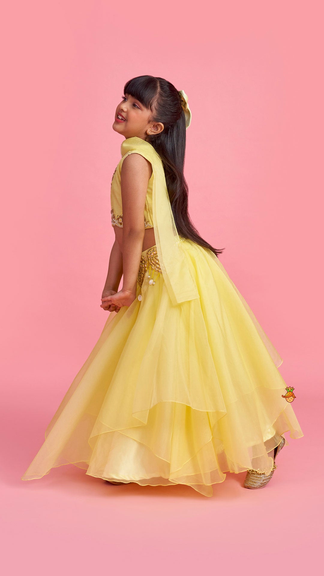 Pre Order: Yellow Embroidered Top And Stylish Layered Lehenga With Dupatta