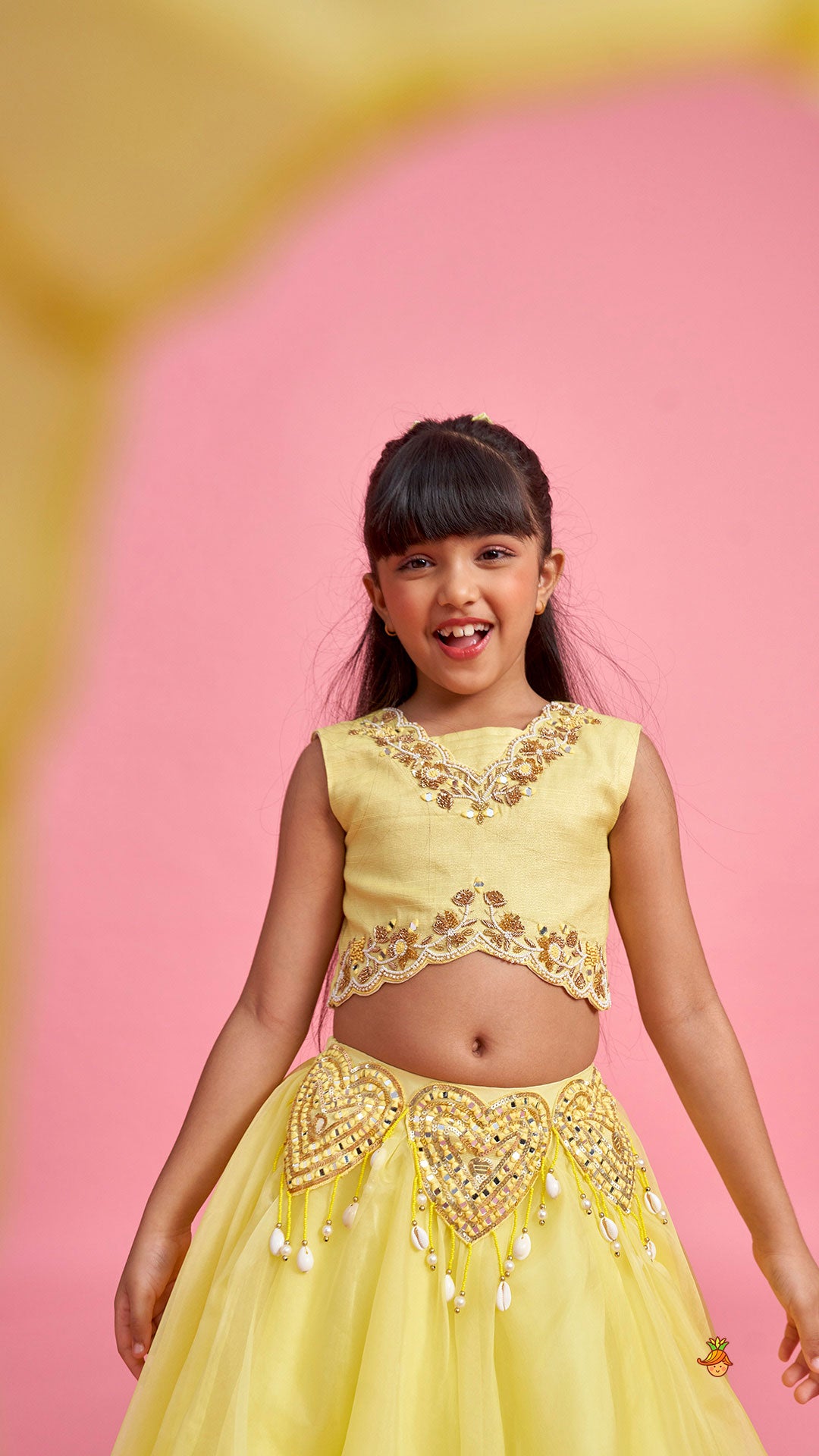 Pre Order: Yellow Embroidered Top And Stylish Layered Lehenga With Dupatta