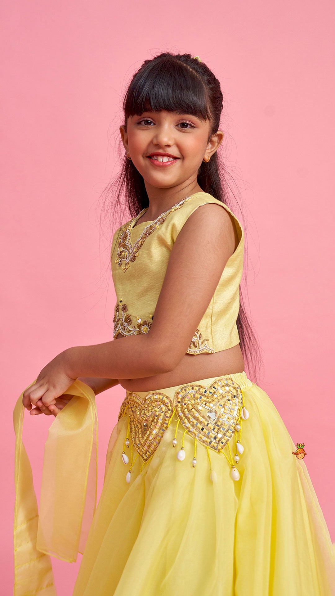 Pre Order: Yellow Embroidered Top And Stylish Layered Lehenga With Dupatta