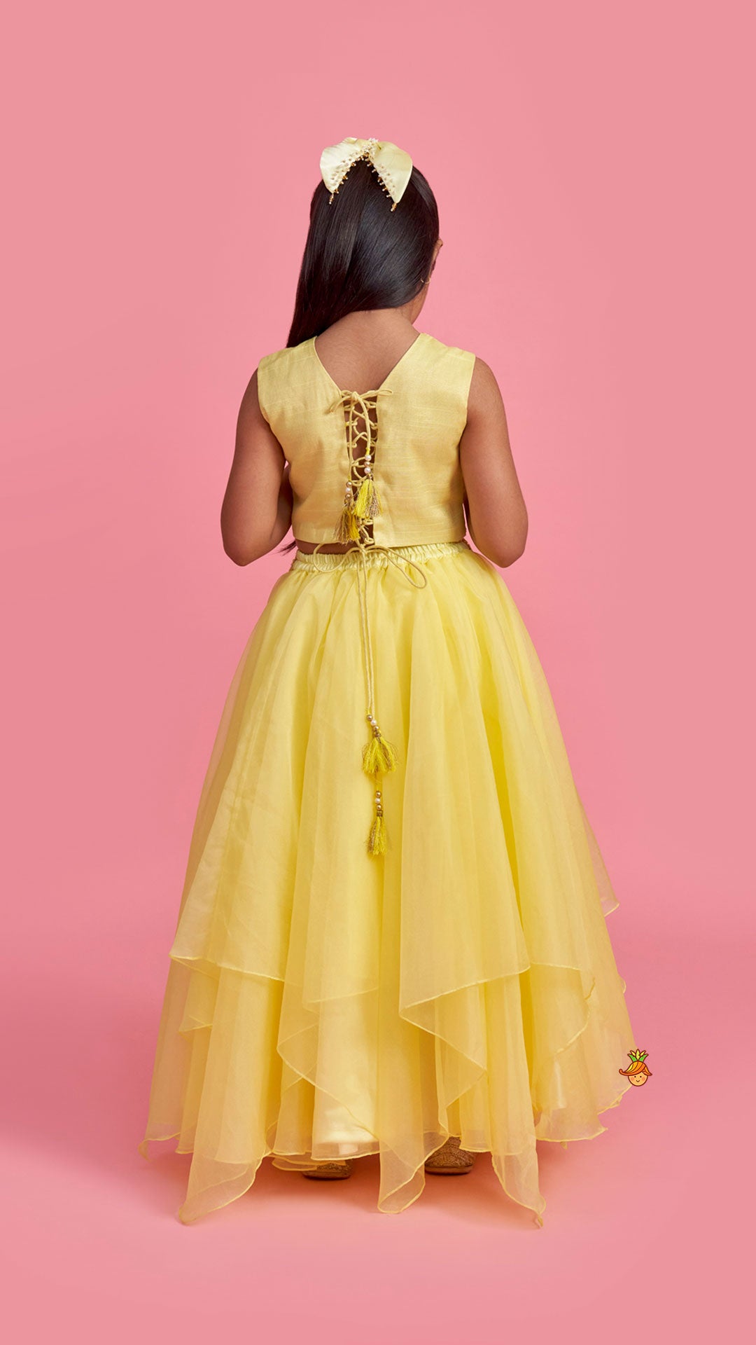 Pre Order: Yellow Embroidered Top And Stylish Layered Lehenga With Dupatta