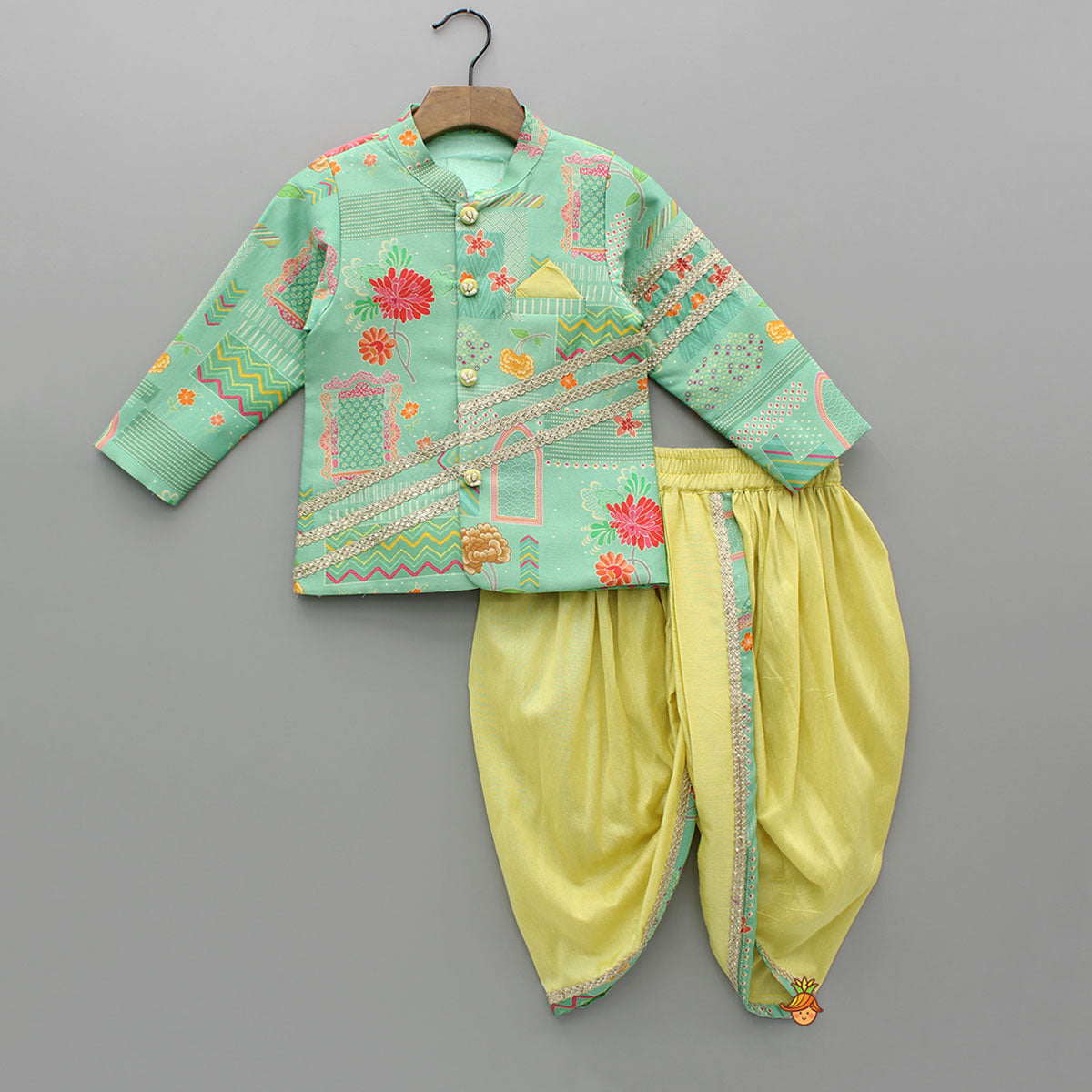 Pre Order: Green Printed Lace Detailed Sherwani And Dhoti