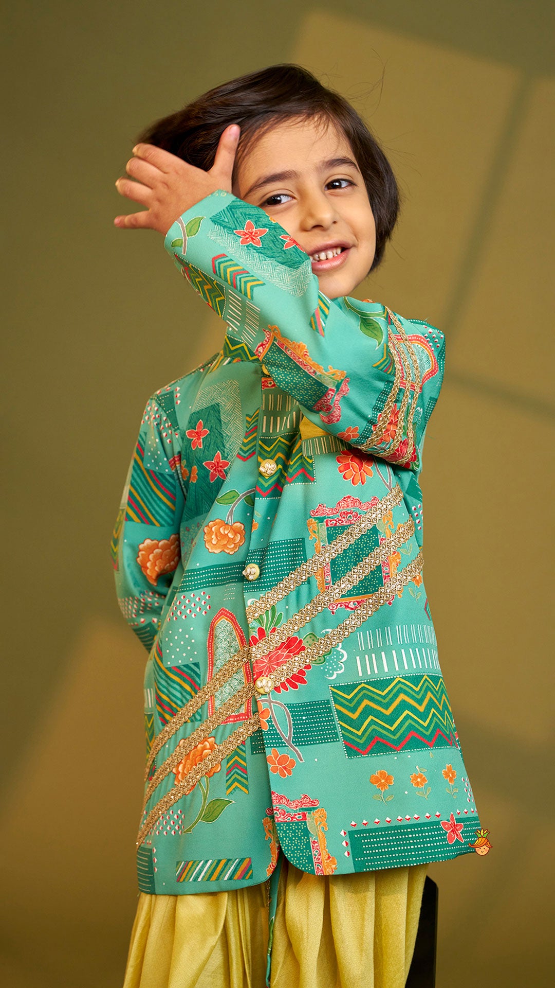 Pre Order: Green Printed Lace Detailed Sherwani And Dhoti