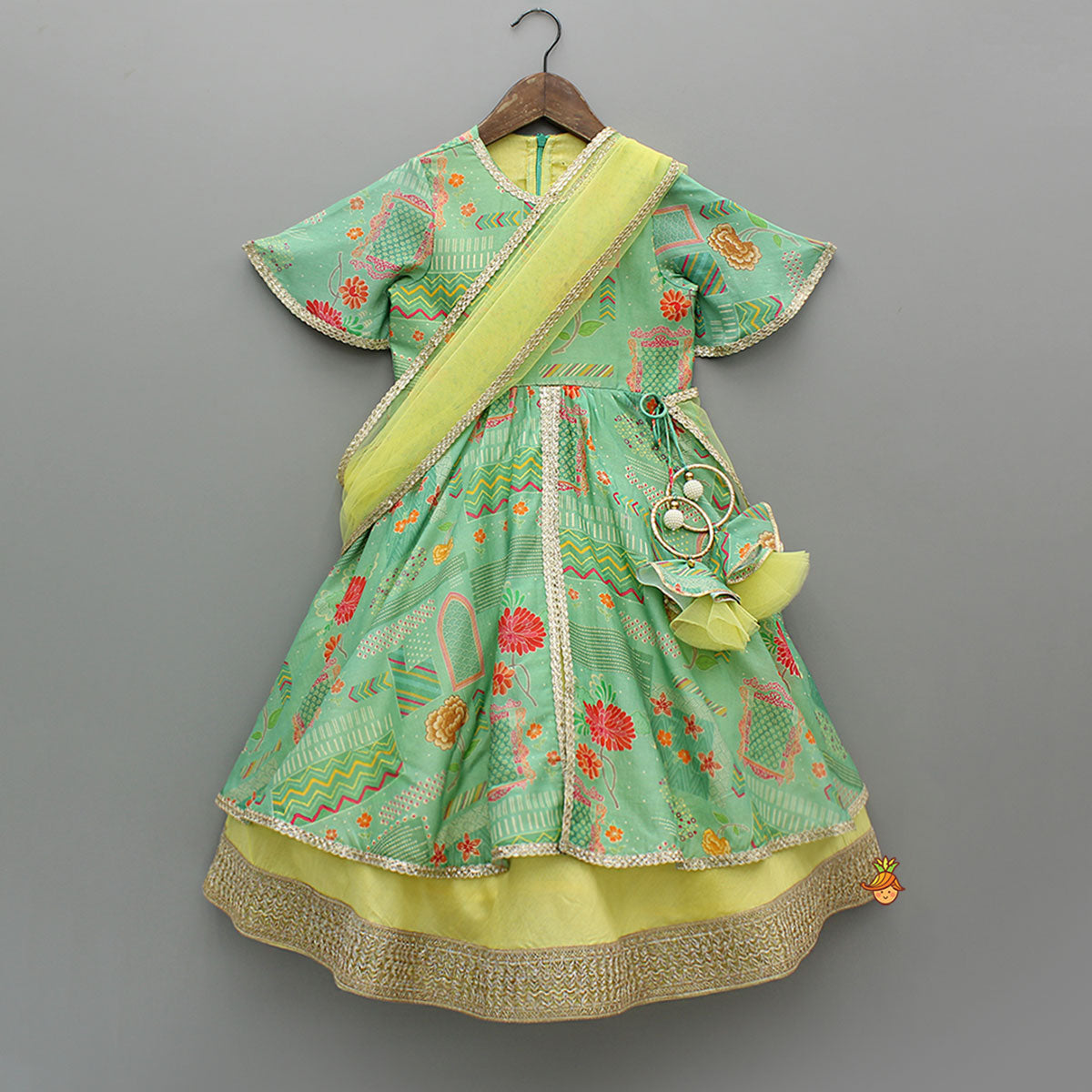 Pre Order: Green Printed Anarkali With Attached Dupatta