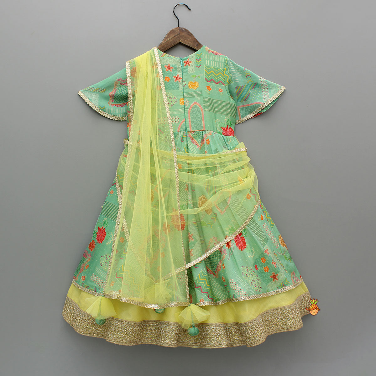 Pre Order: Green Printed Anarkali With Attached Dupatta