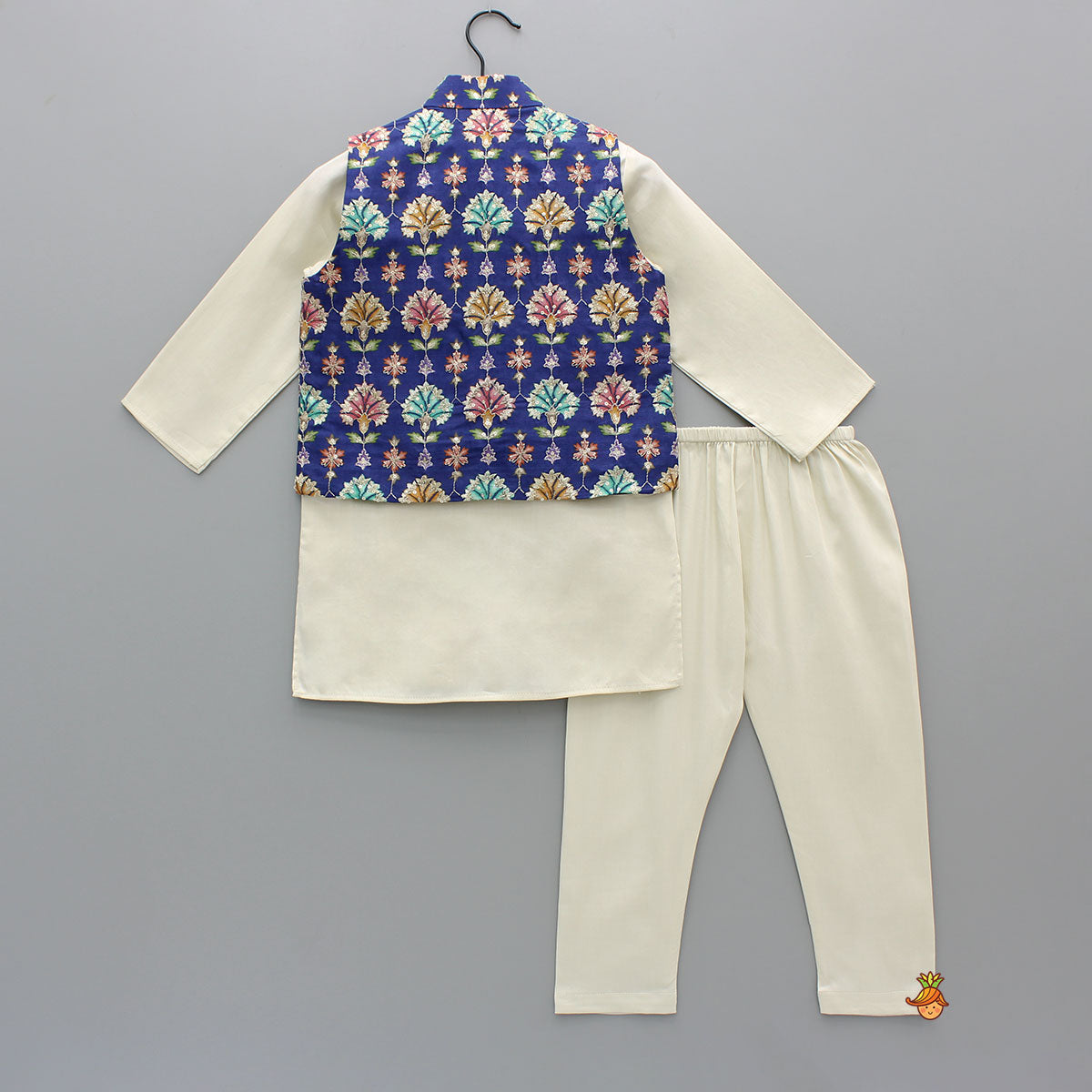 Off White Kurta With Blue Printed Embroidered Jacket And Pyjama