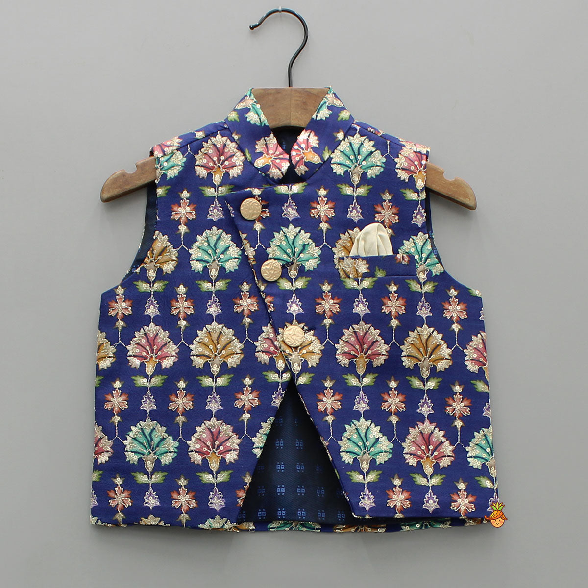 Off White Kurta With Blue Printed Embroidered Jacket And Pyjama