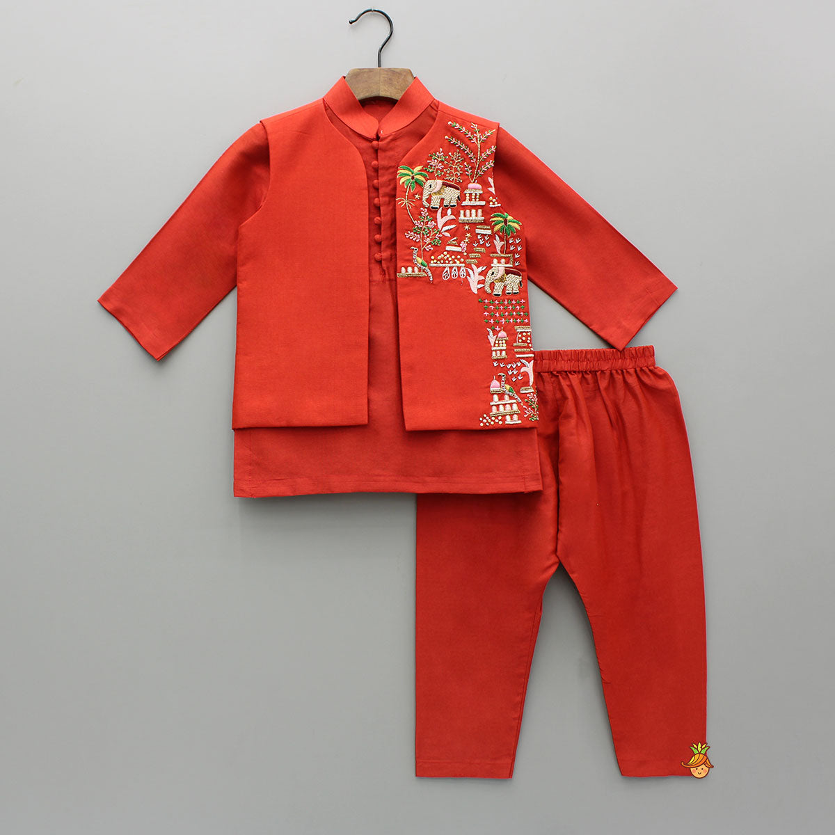Pre Order: Red Kurta With Embroidered Front Open Jacket And Pyjama