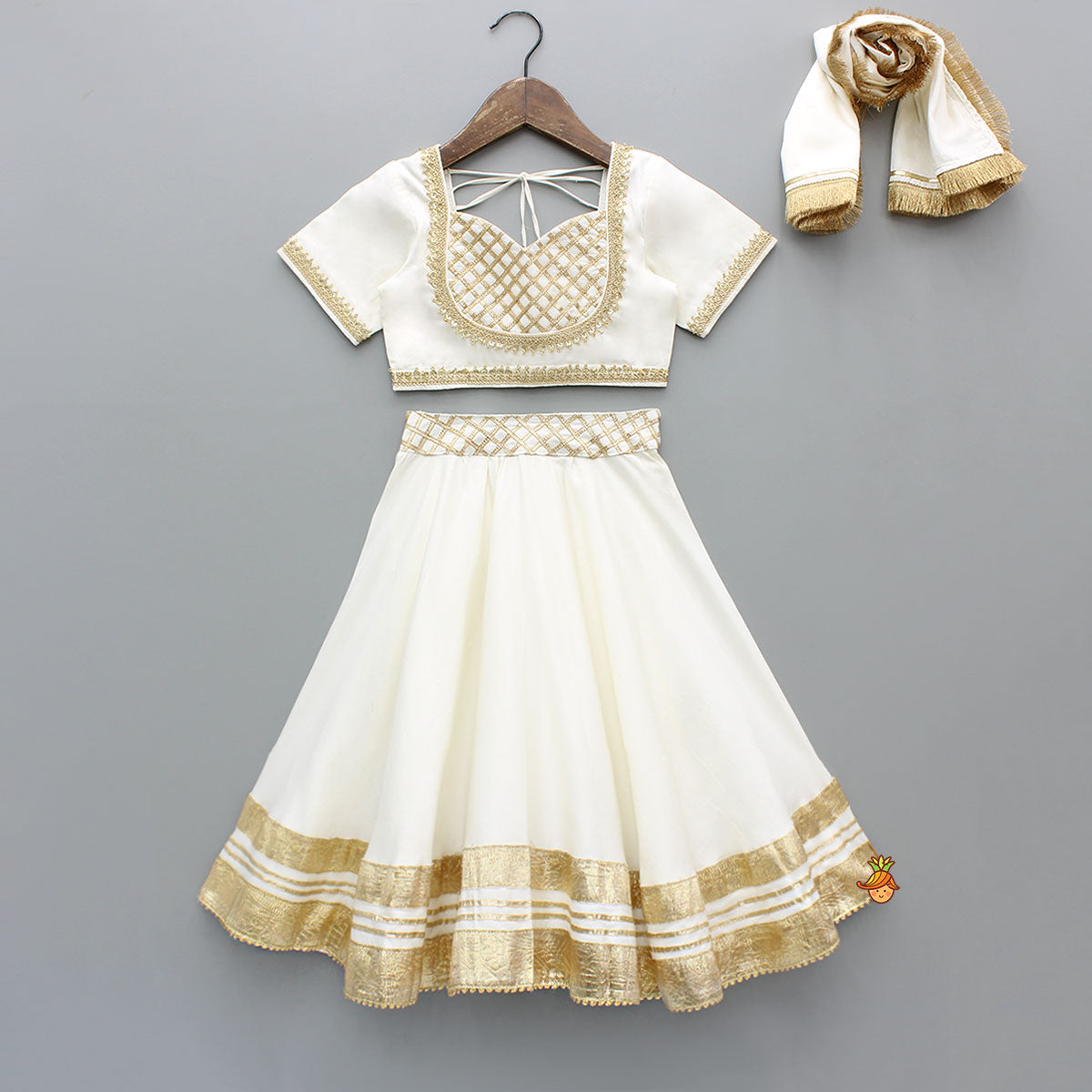 Pre Order: Off White Gota Lace Detailed Top And Lehenga With Dupatta