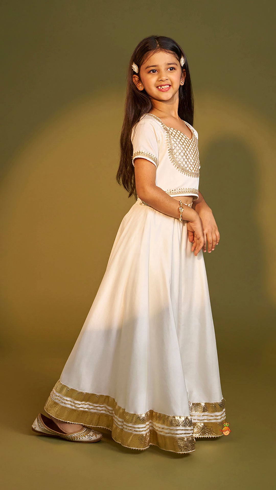 Pre Order: Off White Gota Lace Detailed Top And Lehenga With Dupatta