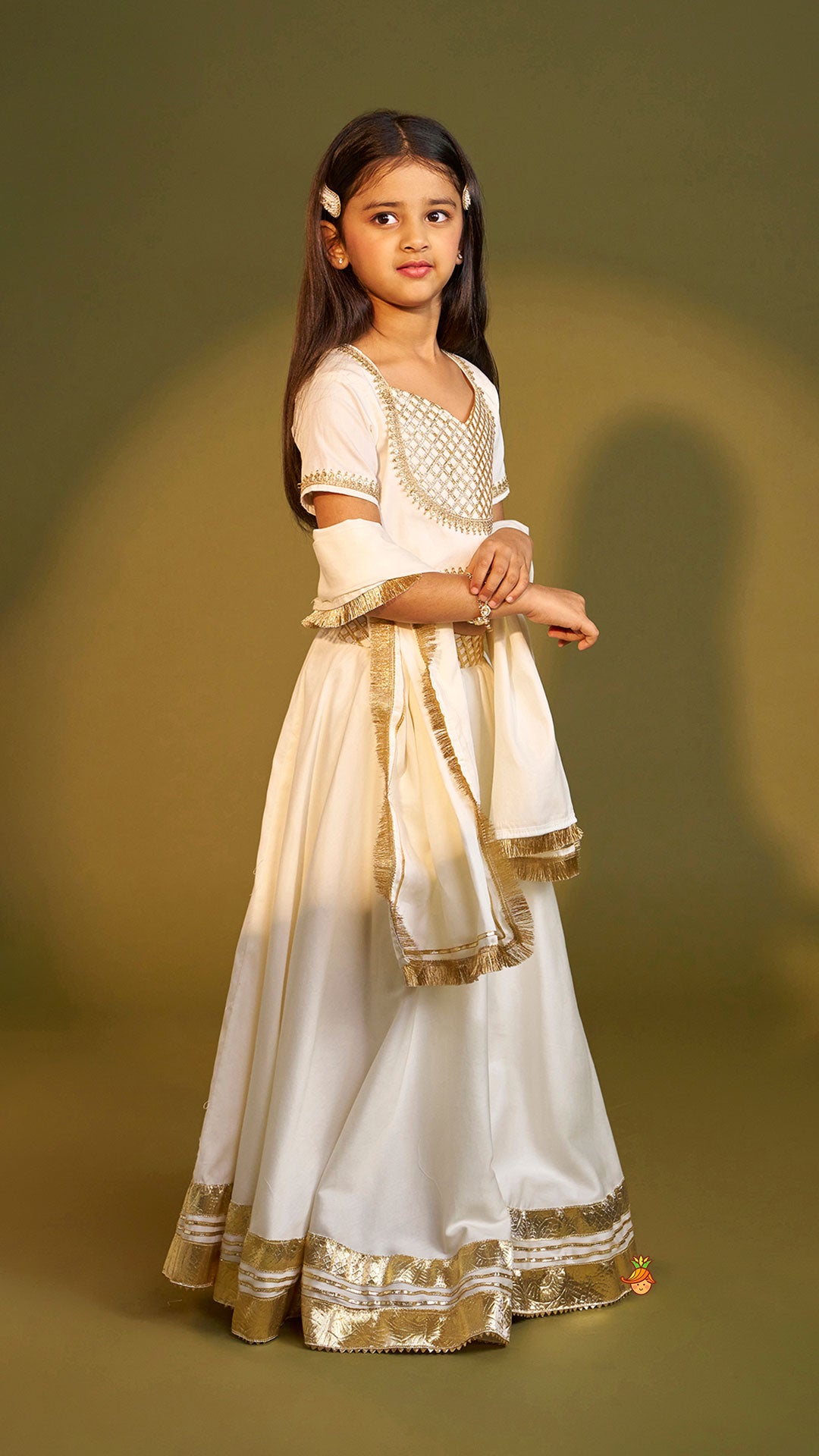 Pre Order: Off White Gota Lace Detailed Top And Lehenga With Dupatta