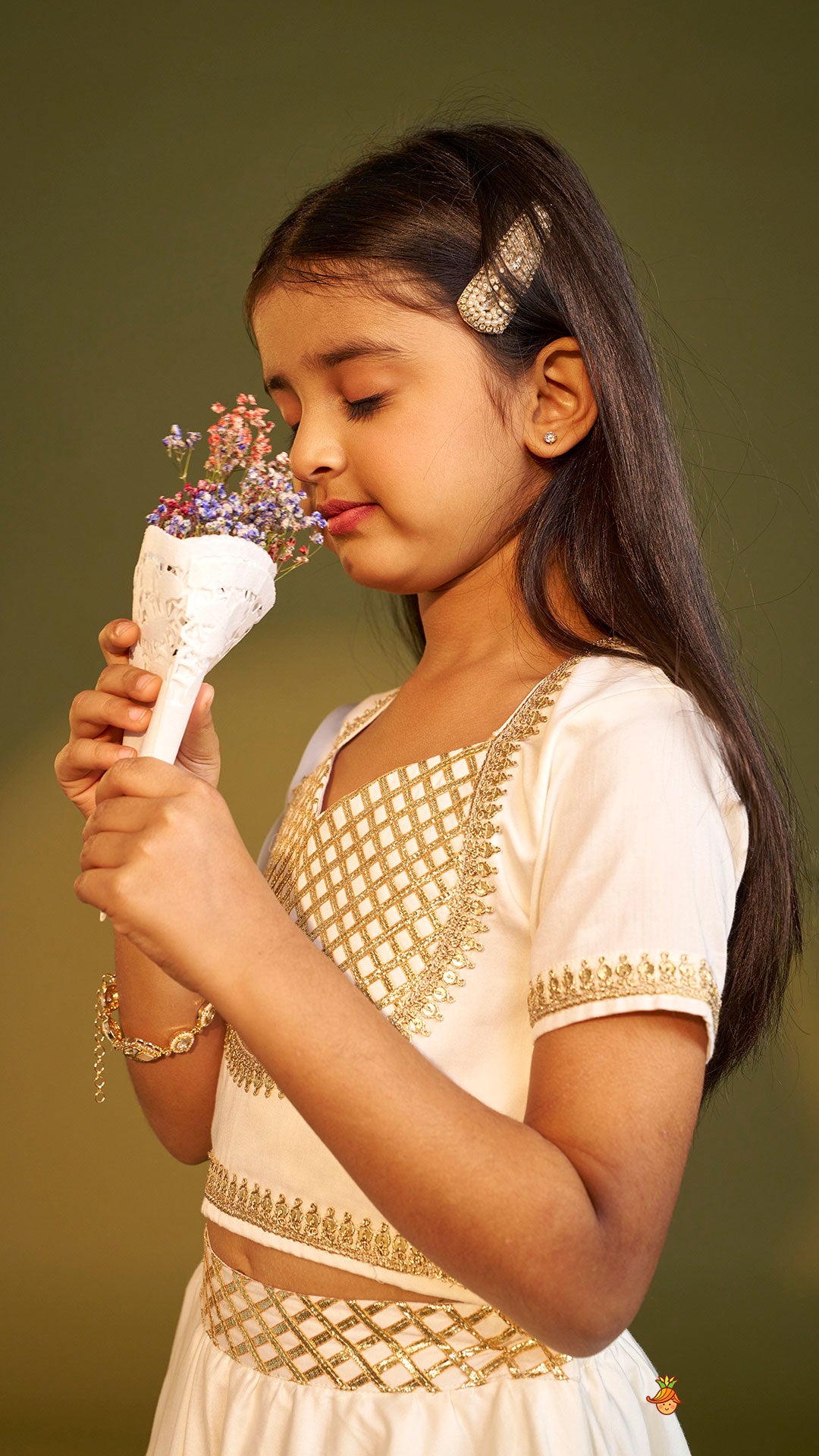 Pre Order: Off White Gota Lace Detailed Top And Lehenga With Dupatta