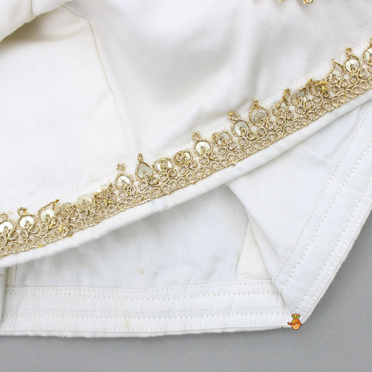 Pre Order: Off White Gota Lace Detailed Top And Lehenga With Dupatta