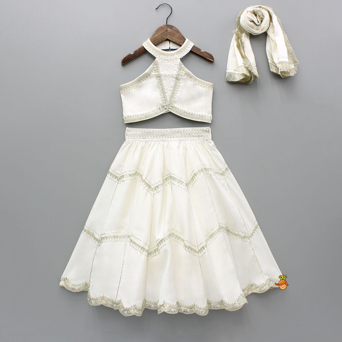 Pre Order: Off White Halter Neck Embellished Top And Lehenga With Dupatta
