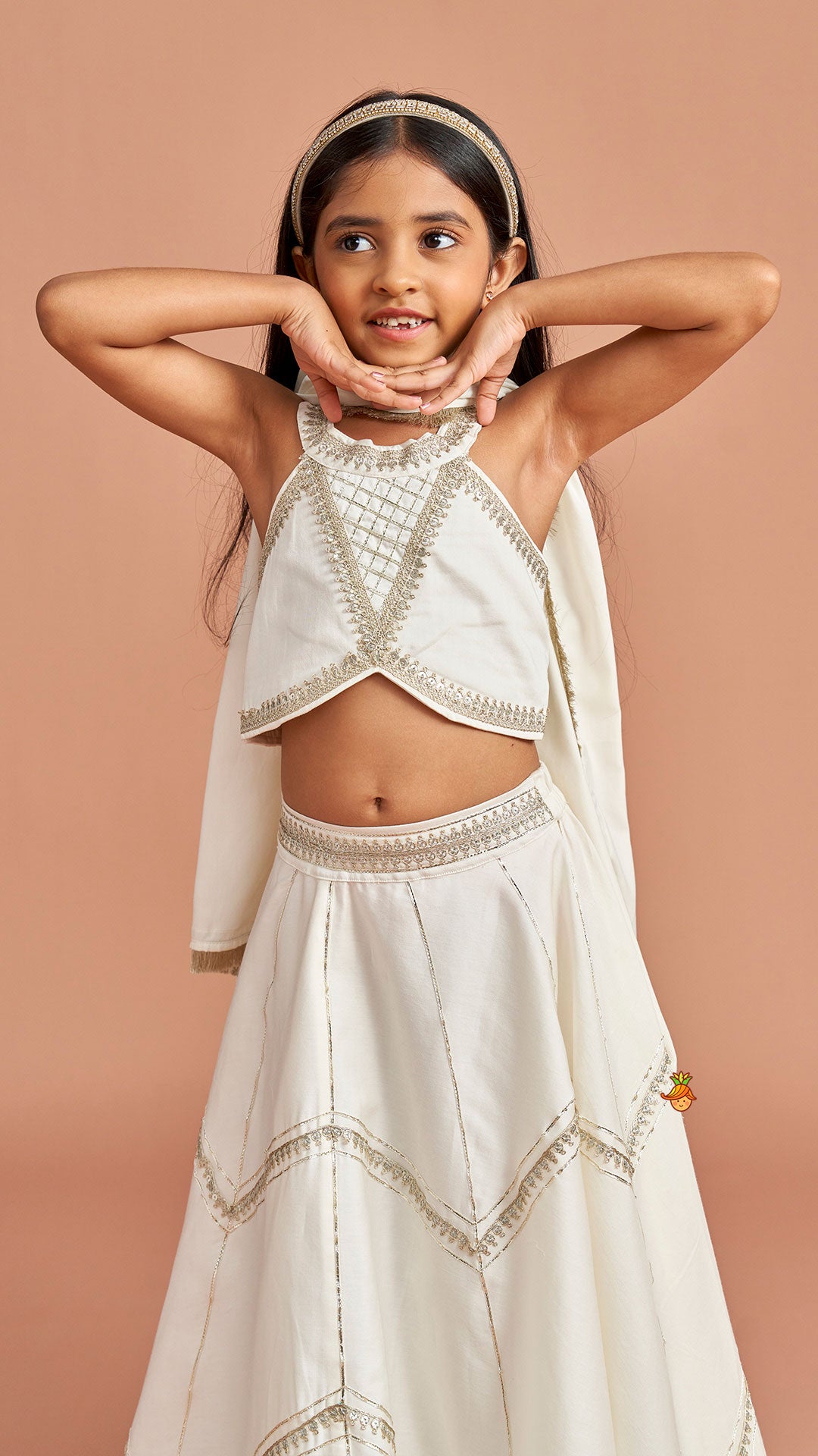 Pre Order: Off White Halter Neck Embellished Top And Lehenga With Dupatta