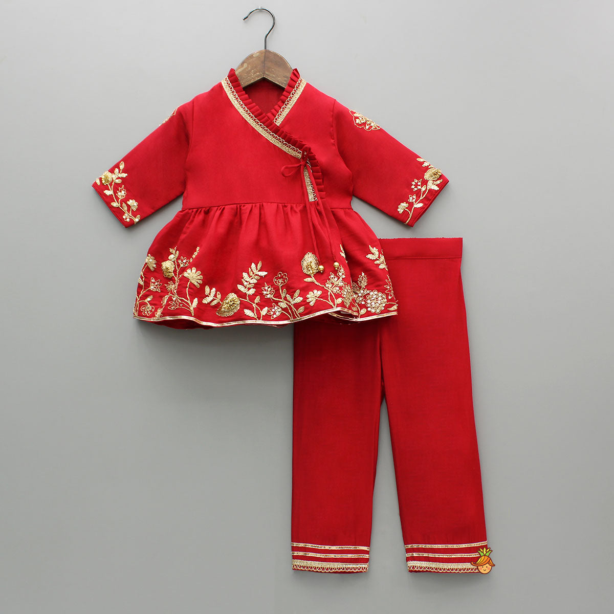 Pre Order: Red Angarkha Style Embroidered Peplum Kurti And Pant