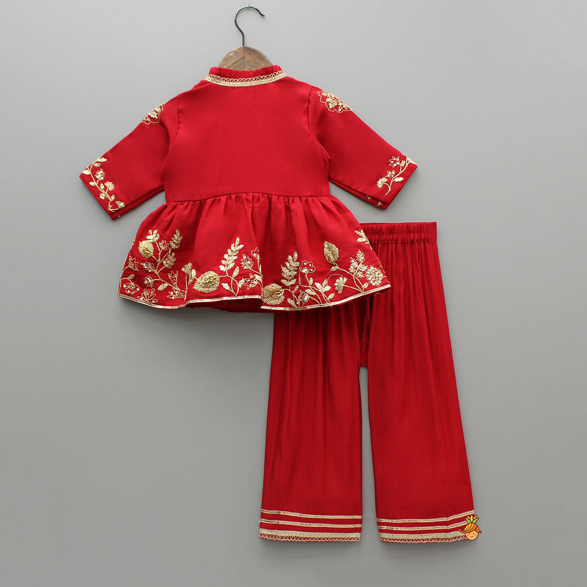 Pre Order: Red Angarkha Style Embroidered Peplum Kurti And Pant