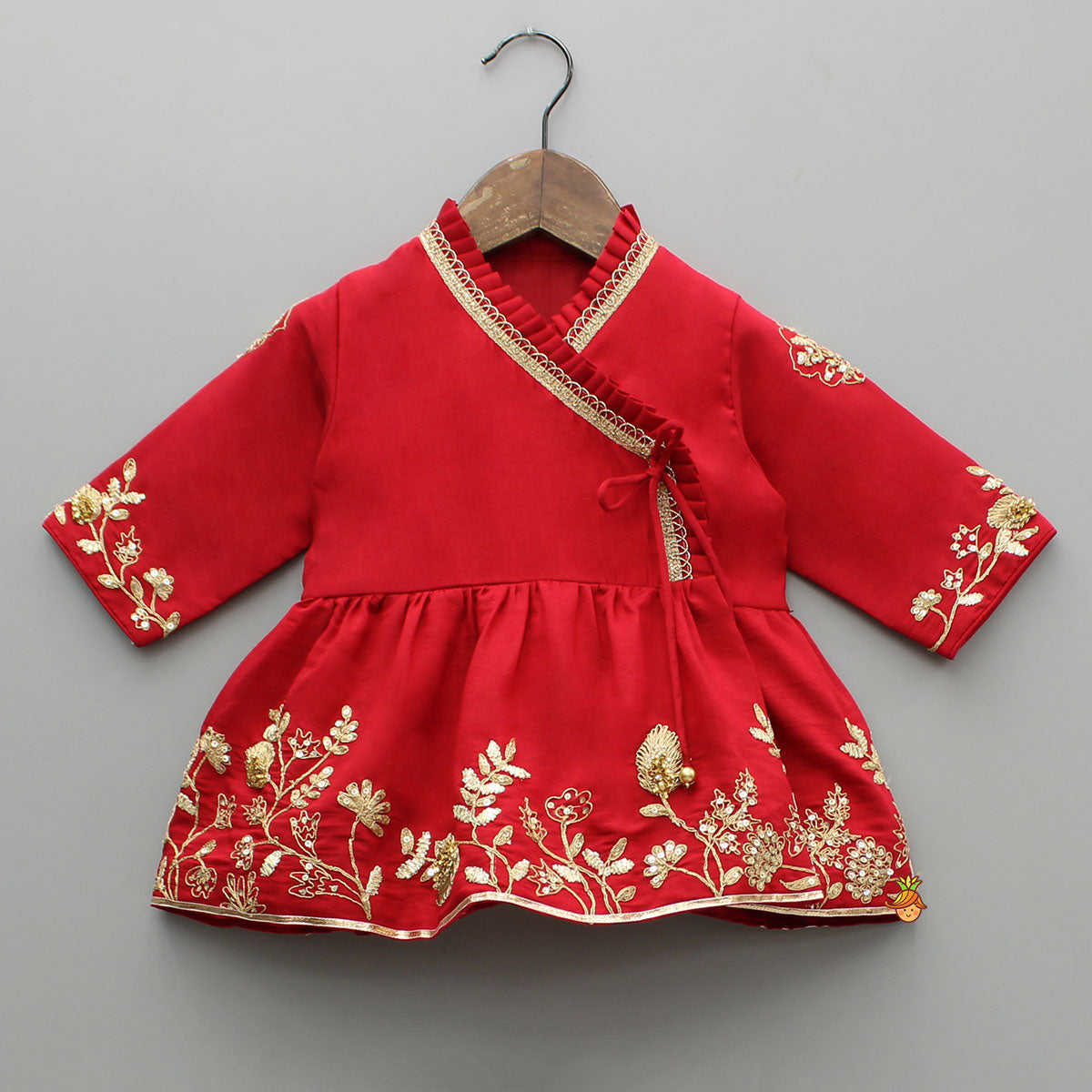 Pre Order: Red Angarkha Style Embroidered Peplum Kurti And Pant