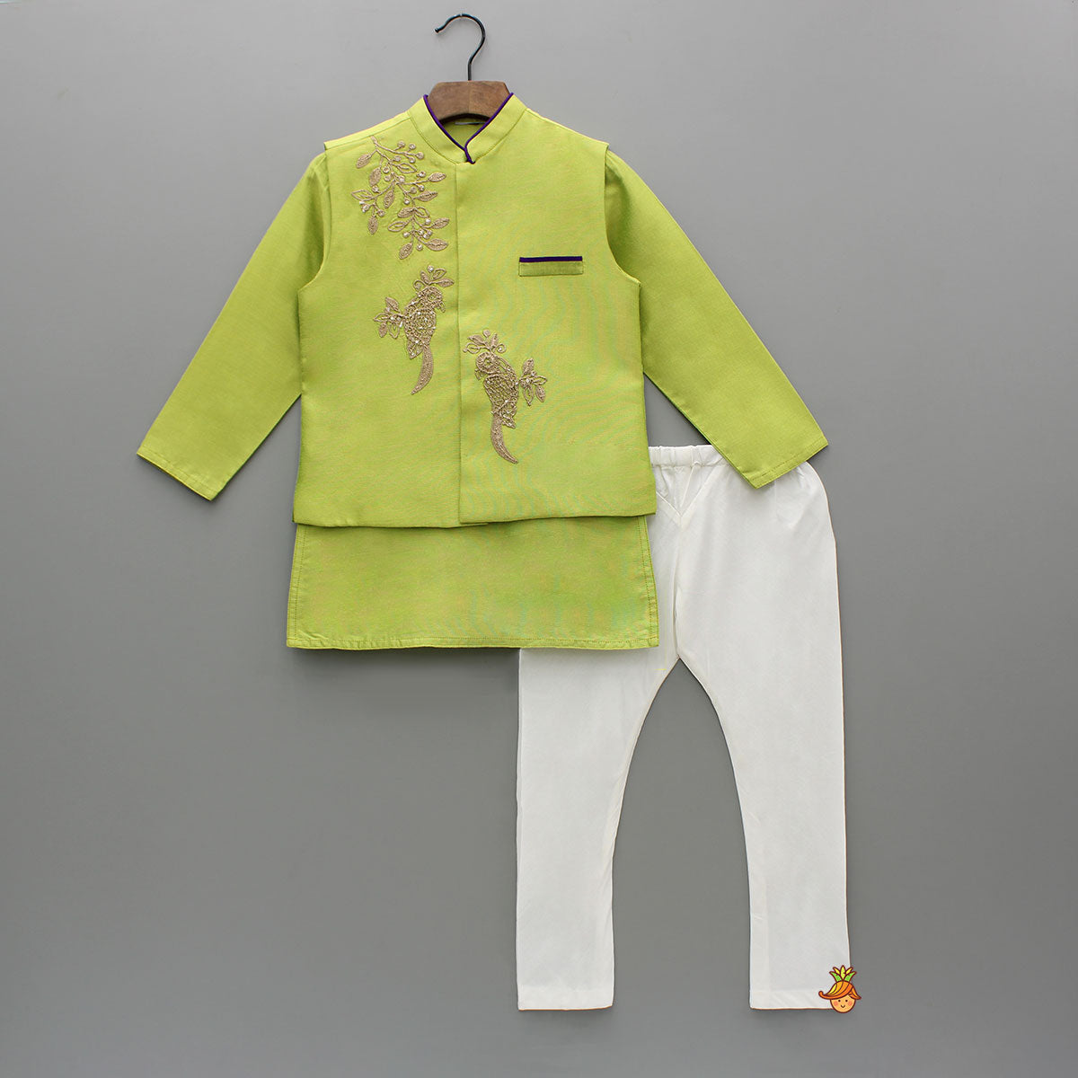 Pre Order: Green Kurta With Bird Embroidered Jacket And Pyjama