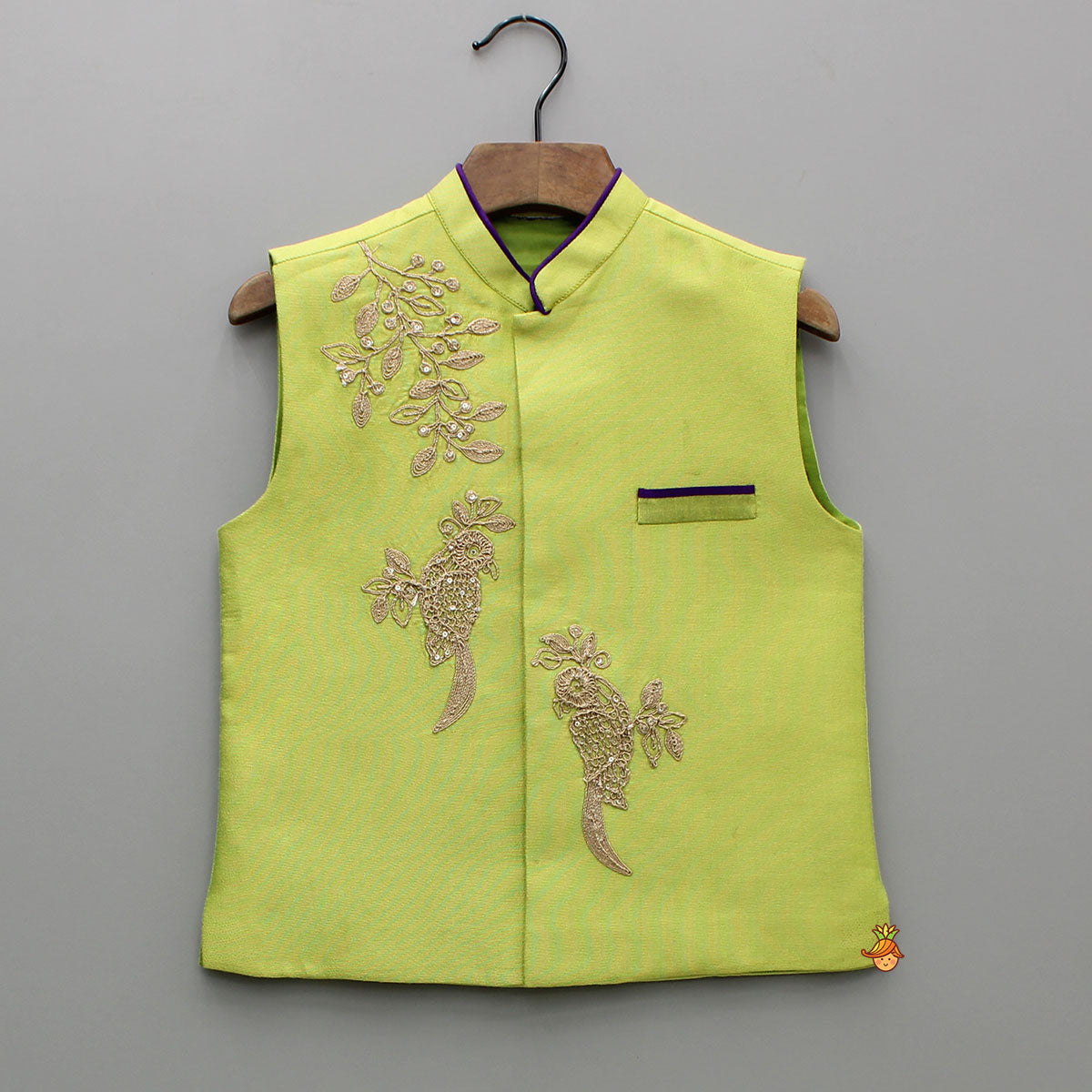 Pre Order: Green Kurta With Bird Embroidered Jacket And Pyjama