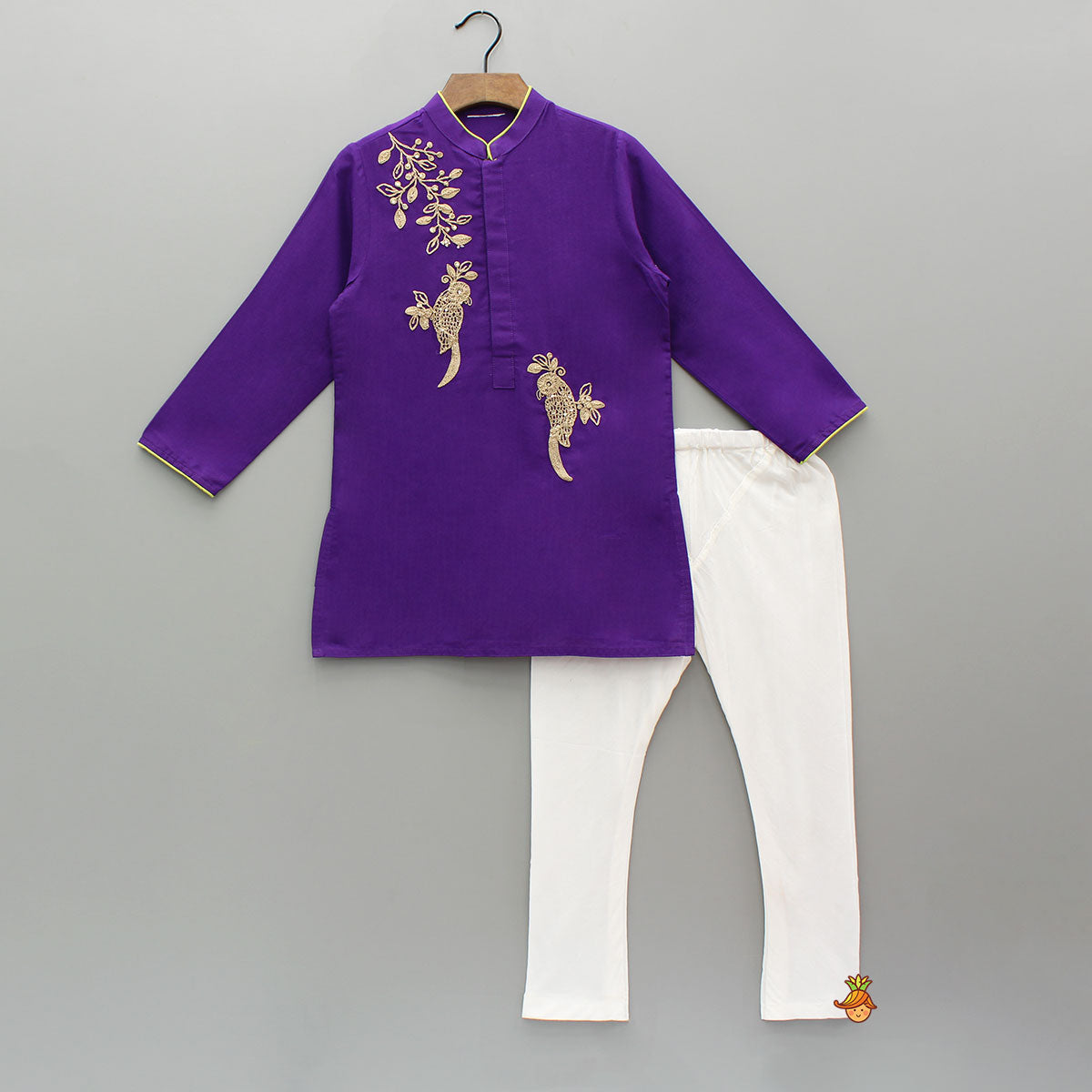 Pre Order: Purple Bird Embroidered Kurta And Pyjama