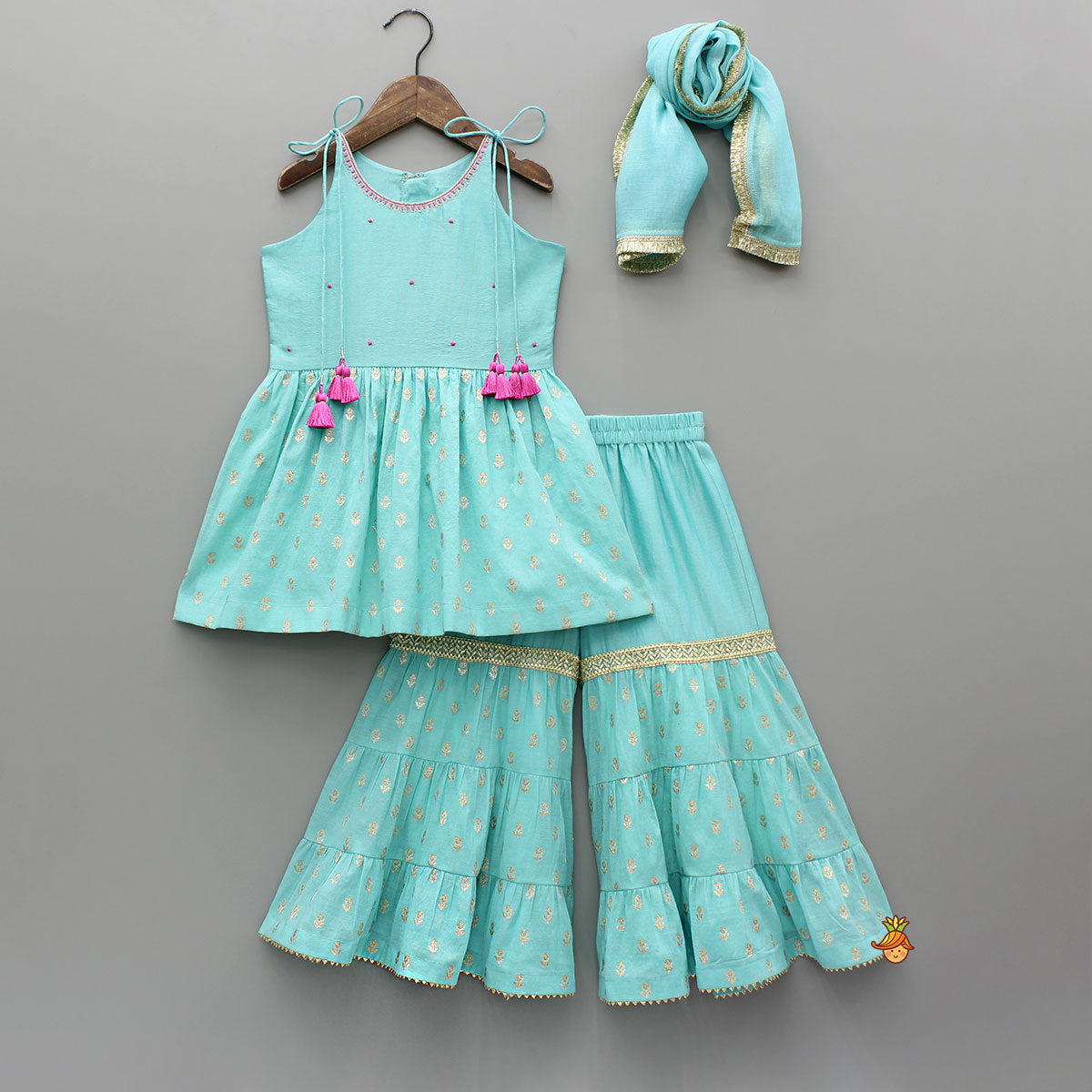 Pre Order: Blue Embroidered Strappy Kurti And Tiered Sharara With Dupatta