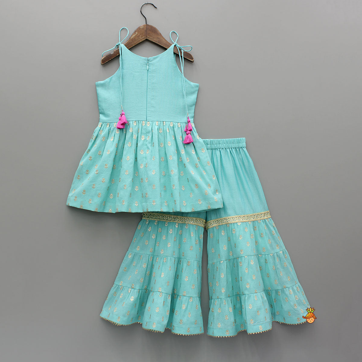 Pre Order: Blue Embroidered Strappy Kurti And Tiered Sharara With Dupatta