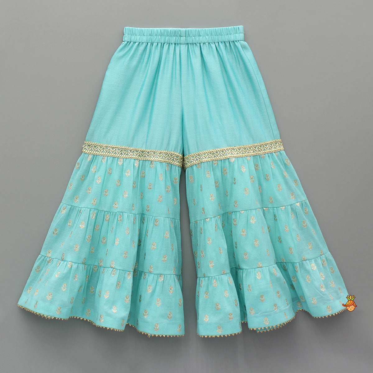 Pre Order: Blue Embroidered Strappy Kurti And Tiered Sharara With Dupatta